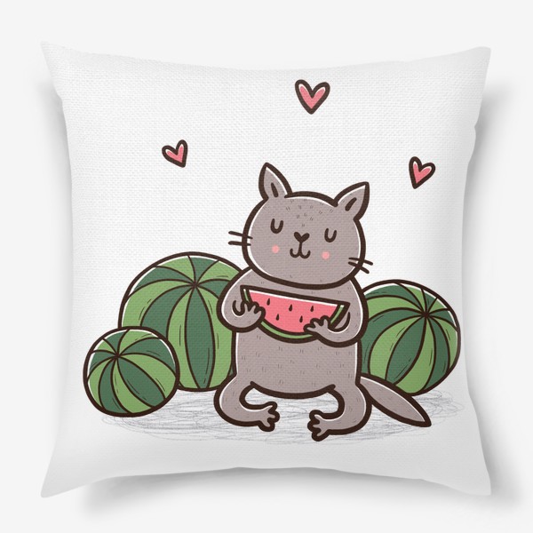 Подушка «Милый котик с арбузами и сердечками»