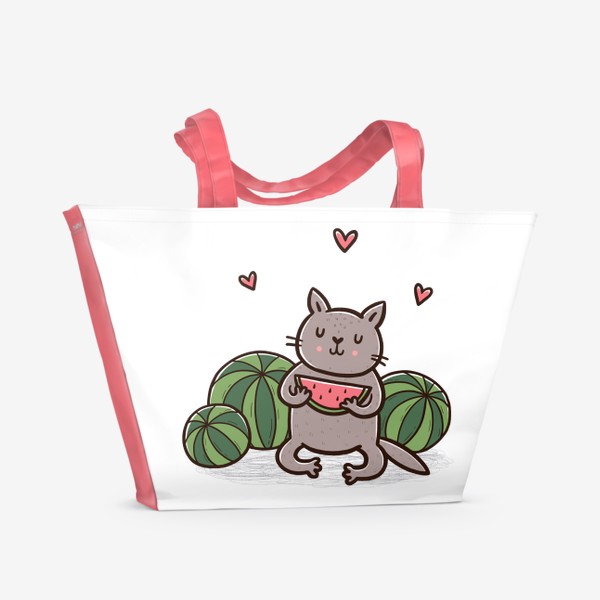 Пляжная сумка &laquo;Милый котик с арбузами и сердечками&raquo;