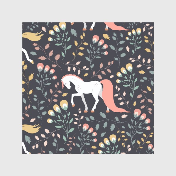 Шторы «Паттерн, красивые лошади на фоне цветов и растений»