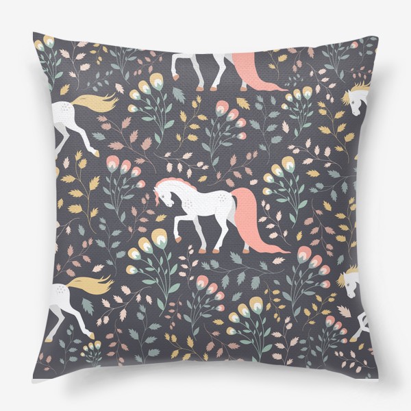 Подушка «Паттерн, красивые лошади на фоне цветов и растений»