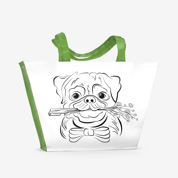Пляжная сумка «Собака Мопс с цветами и бантом»