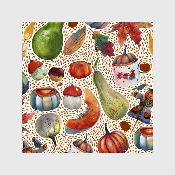 Шторы &laquo;Осенний паттерн. Акварель. Тыквы, листья, свечи, яблоки&raquo;