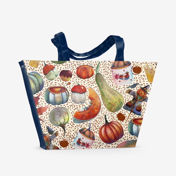 Пляжная сумка «Осенний паттерн. Акварель. Тыквы, листья, свечи, яблоки»