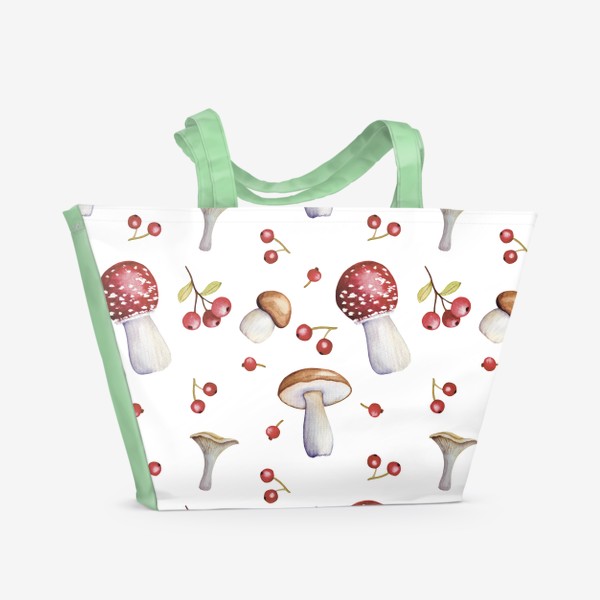 Пляжная сумка «Мухоморы и грибы. Акварель. Бесшовный паттерн»