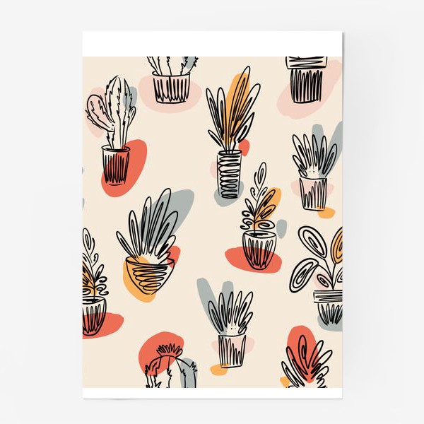 Постер «Домашние растения в горшках, паттерн»