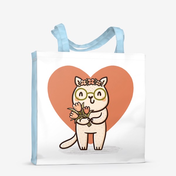 Сумка-шоппер «Милая кошка в очках с букетом цветов»