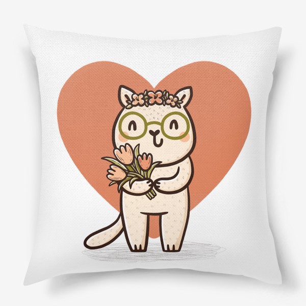 Подушка «Милая кошка в очках с букетом цветов»