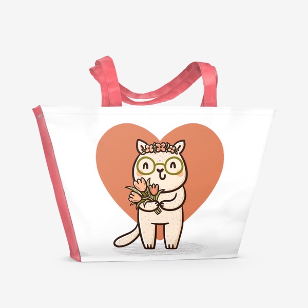 Пляжная сумка «Милая кошка в очках с букетом цветов»