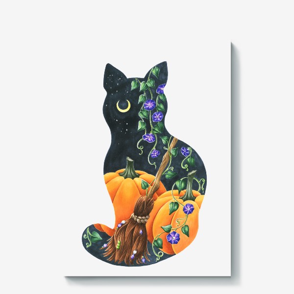 Холст «Черная кошка тыквы метла»