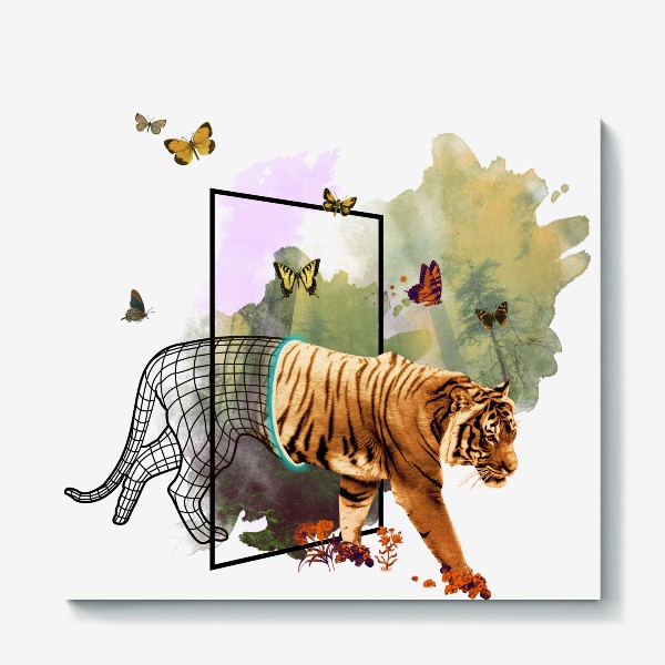 Холст «Приход Тигра - Коллаж с акварелью в японском стиле»
