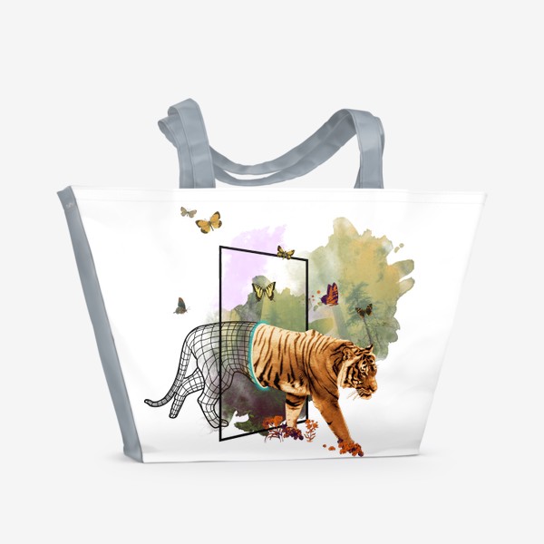 Пляжная сумка «Приход Тигра - Коллаж с акварелью в японском стиле»