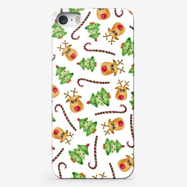 Чехол iPhone «олени и елки на белом фоне»