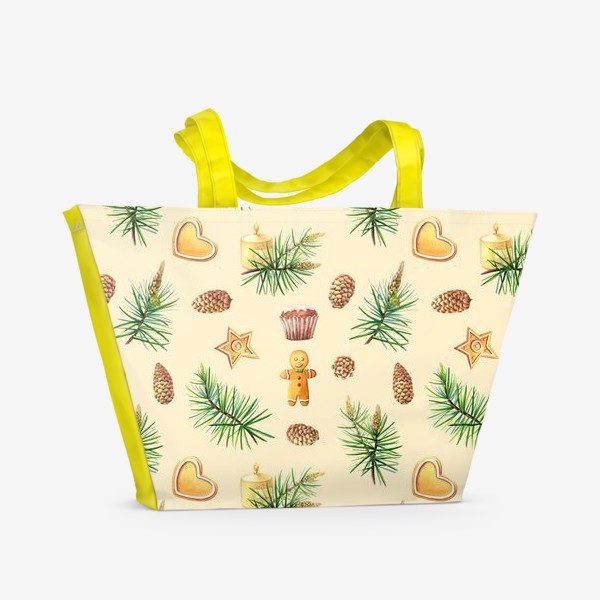 Пляжная сумка «Новогодний с сосновыми ветками и печеньем.»