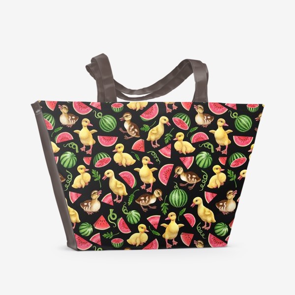 Пляжная сумка «Утята, арбузы, урожай, утки, уточки, птички, фрукты, плоды, чёрный»