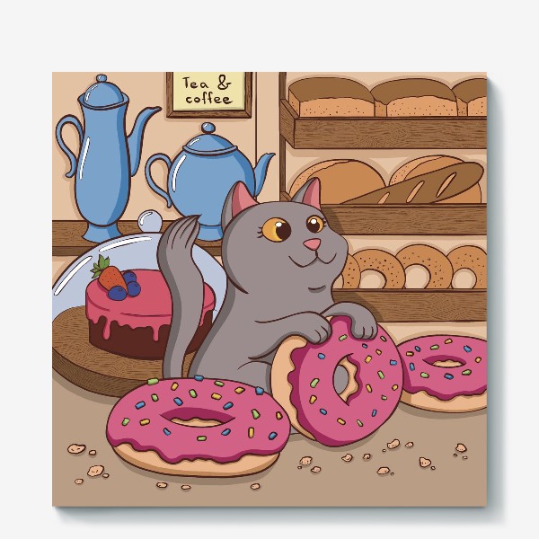 Холст «Кот и пончики»