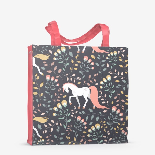 Сумка-шоппер «Паттерн, красивые лошади на фоне цветов и растений»