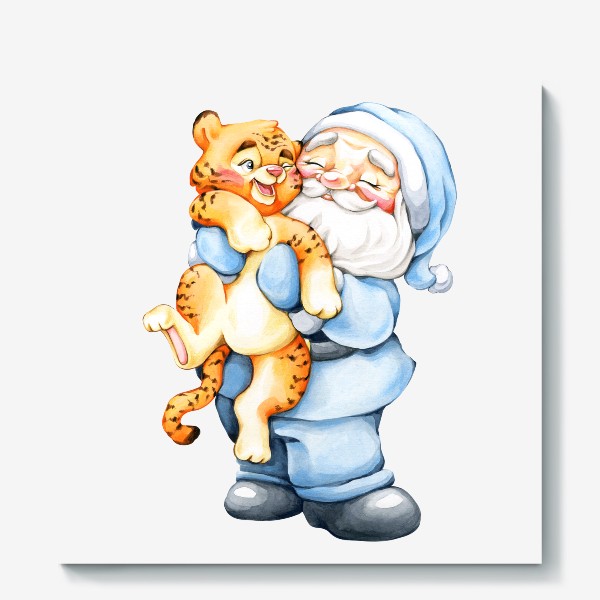 Холст «Дед Мороз в синем с тигренком»