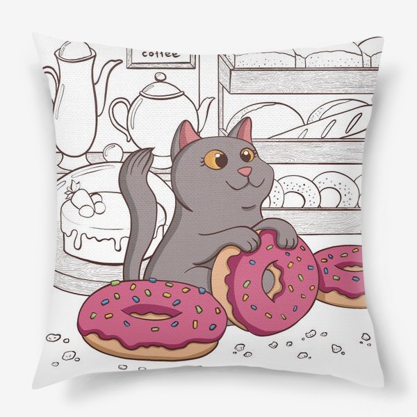 Подушка «Кот и пончики (ч/б вариант)»
