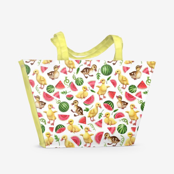 Пляжная сумка «Утята, арбузы, урожай, утки, уточки, птички, фрукты, плоды, белый»
