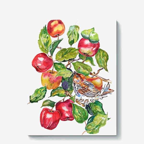 Холст «яблоки фрукты птичка красивый принт сад»