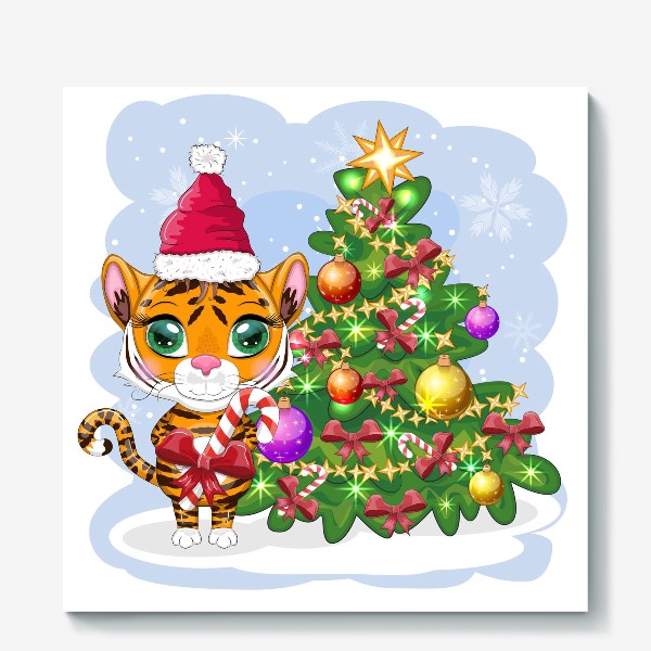 Холст «Тигр с конфетой возле новогодней елки. Новый год 2022»