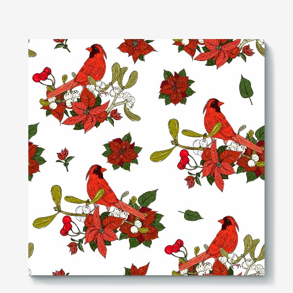 Холст &laquo;цветы пуансеттия и красные птицы&raquo;