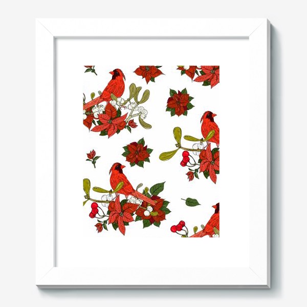 Картина «цветы пуансеттия и красные птицы»