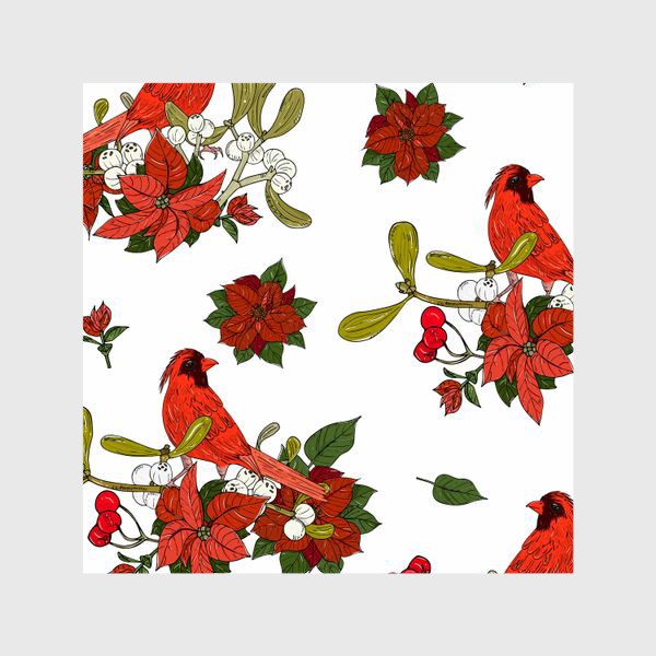Шторы «цветы пуансеттия и красные птицы»