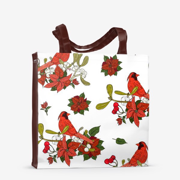 Сумка-шоппер «цветы пуансеттия и красные птицы»