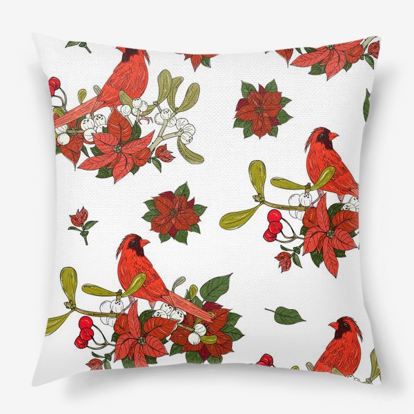 Подушка «цветы пуансеттия и красные птицы»