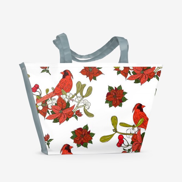 Пляжная сумка «цветы пуансеттия и красные птицы»