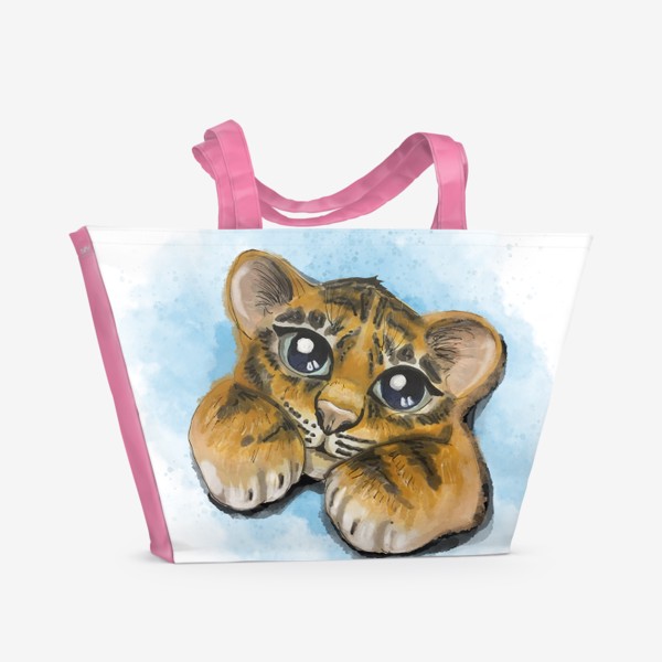 Пляжная сумка «Милый тигрёнок на голубом акварельном фоне»