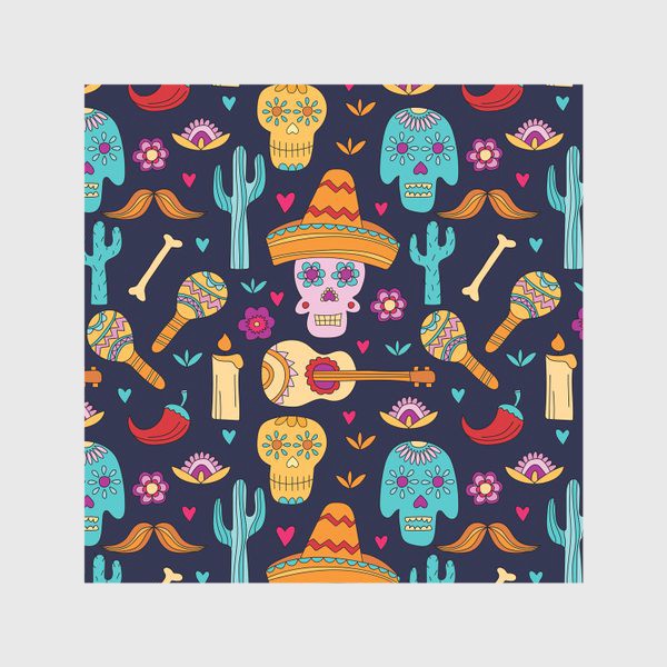 Скатерть «День мертвых - Праздник в Мексике. Яркий узор с цветными черепами»