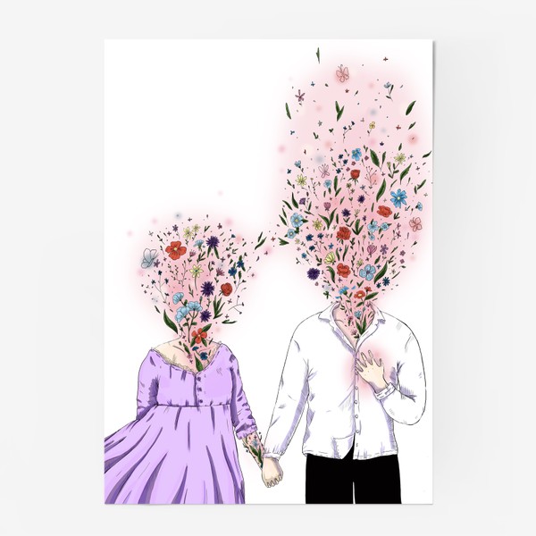Постер «Влюбленные девушка и парень с цветами вместо головы»