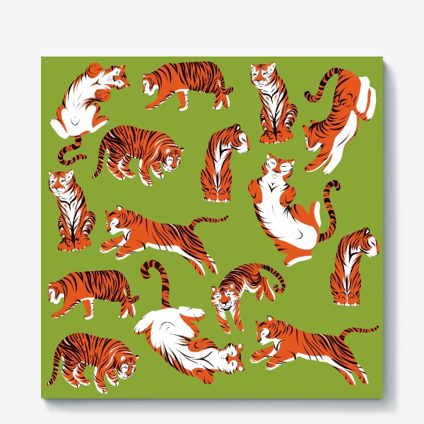 Холст «Паттерн Тигры на зелёном фоне»