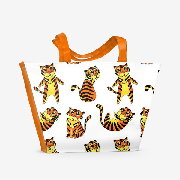 Пляжная сумка «Акварельные тигрята на белом фоне»