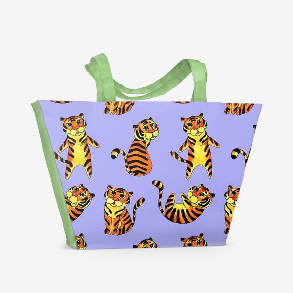 Пляжная сумка «Акварельные тигрята на сиреневом фоне»