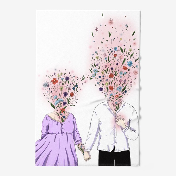 Полотенце «Влюбленные девушка и парень с цветами вместо головы»