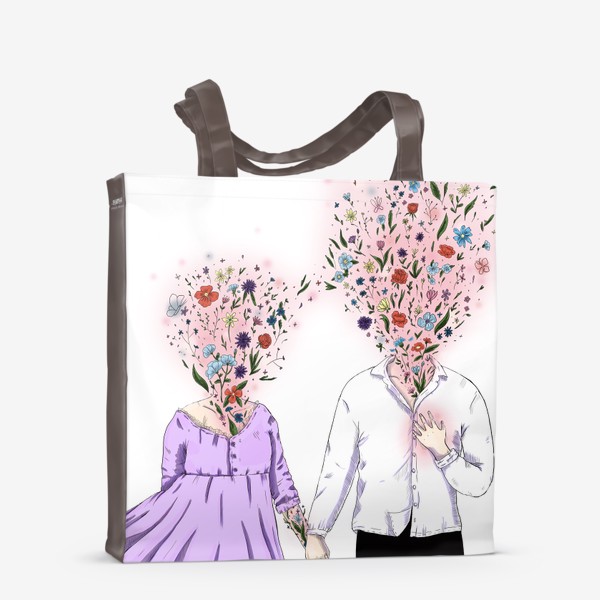 Сумка-шоппер «Влюбленные девушка и парень с цветами вместо головы»