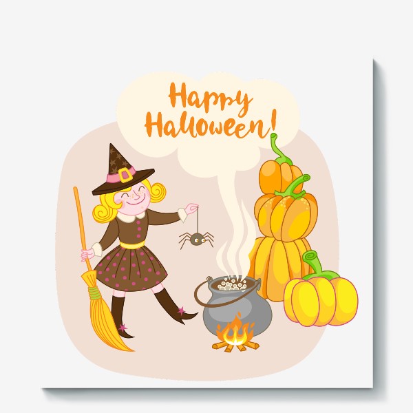 Холст «Юная ведьма варит магическое зелье. Хэллоуин. Happy Halloween!»