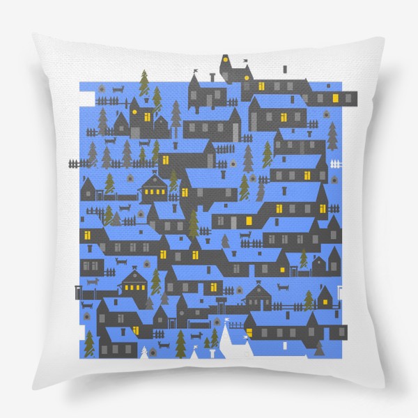 Подушка «Зимняя деревенька в синем»