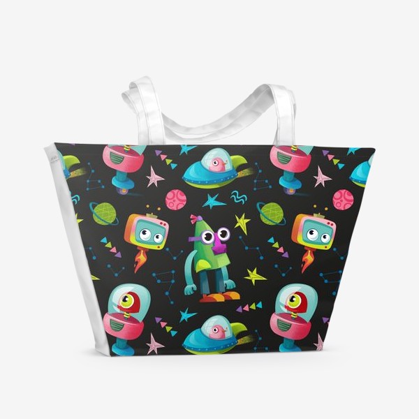 Пляжная сумка «Забавные пришельцы, планеты и летающие аппараты на фоне космоса»