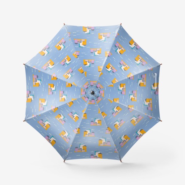 Зонт «Бесшовный паттерн, дома на голубом фоне»