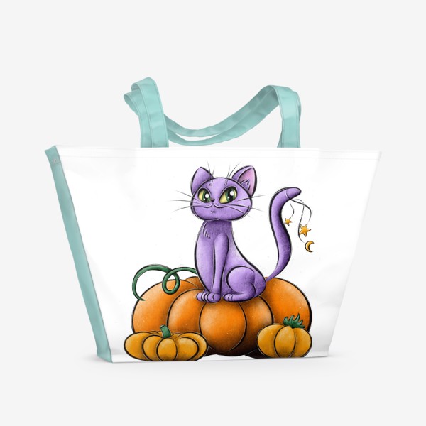 Пляжная сумка «Космический Сказкослогатель. Сиреневый кот, сидящий на тыквах»