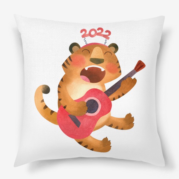 Подушка «Поющий тигр с гитарой. Забавный символ 2022 года.»
