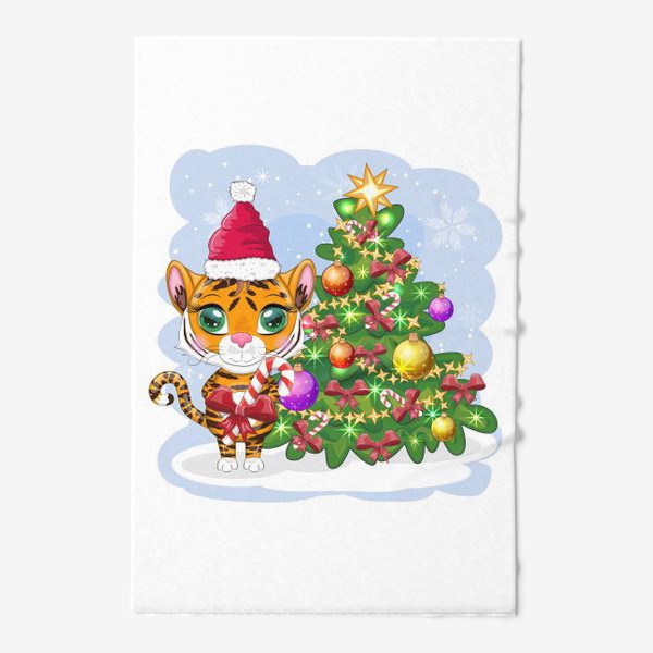 Полотенце «Тигр с конфетой возле новогодней елки. Новый год 2022»
