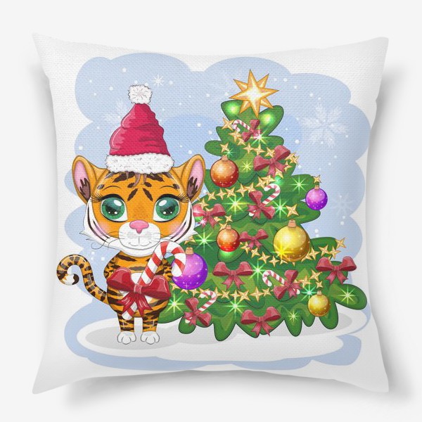 Подушка «Тигр с конфетой возле новогодней елки. Новый год 2022»