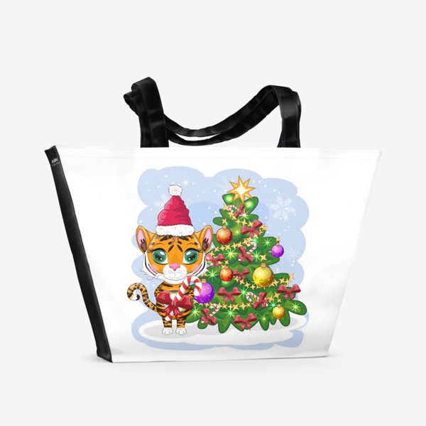Пляжная сумка «Тигр с конфетой возле новогодней елки. Новый год 2022»