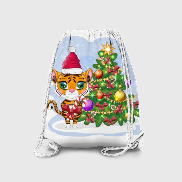 Рюкзак «Тигр с конфетой возле новогодней елки. Новый год 2022»