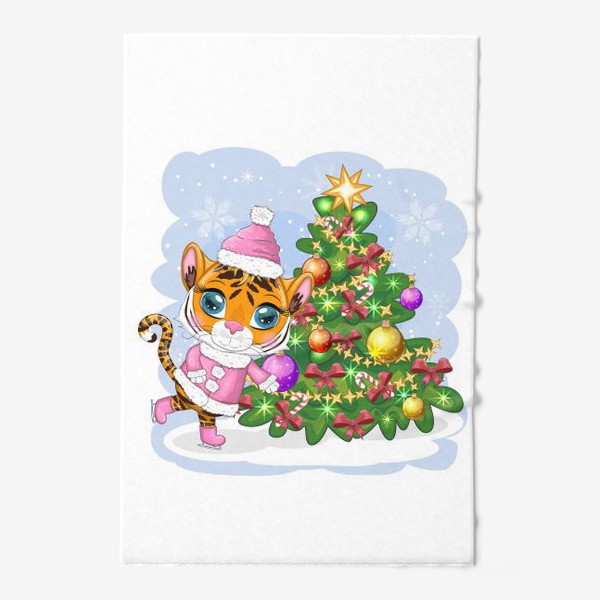Полотенце «Тигр девочка в розовой шубке на коньках возле украшенной елки. Новый год 2022»
